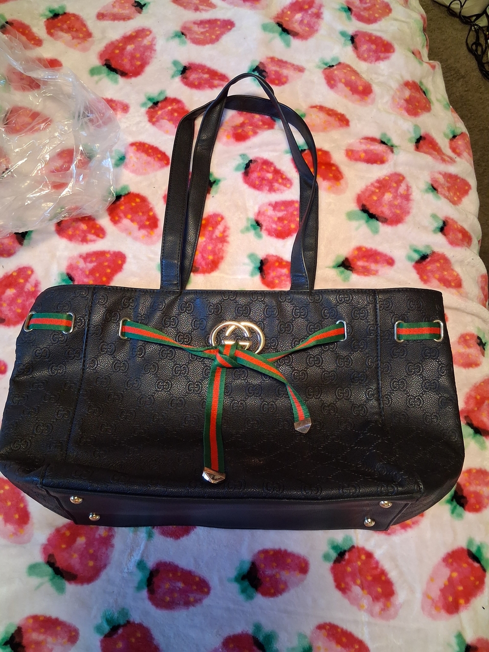 Black Women's Tote Bag with Green-Red Ribbon Detail